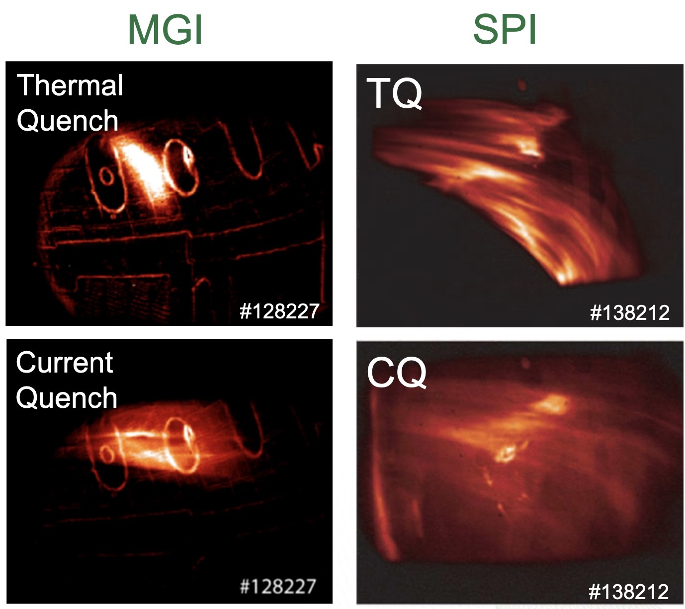 Plasma reaction to two different types of material injection, Massive Gas Injection (MGI), and Shattered Pellet Injection (SPI).