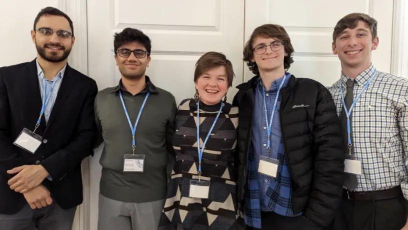 Figure 1: The APAM PhD-student team that won the ORFEAS fusion design contest. From left, Hari Choudhury, Priyansh Lunia, Haley Wilson, Matt Pharr, and Matt Tobin.