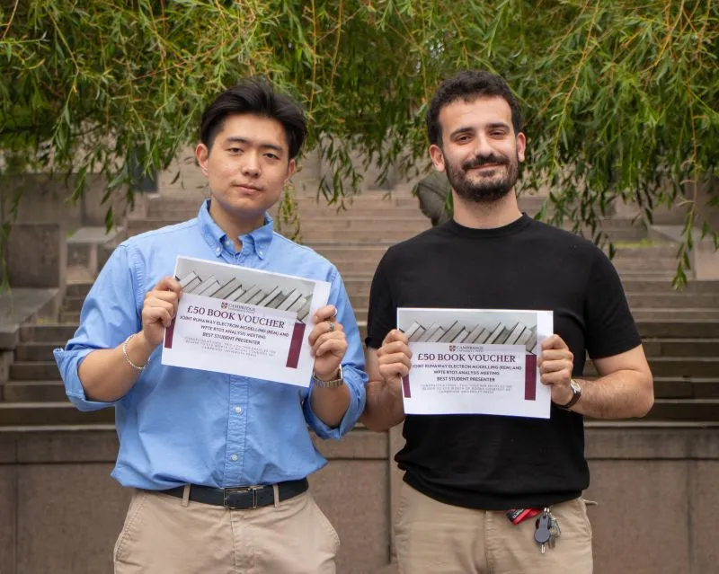 Photo by Tünde Fülöp: George Su (left) and Lorenzo Votta from KTH (right) won the best PhD student presenter prizes at the 13th Runaway Electron Modelling meeting, held at KTH, Stockholm.